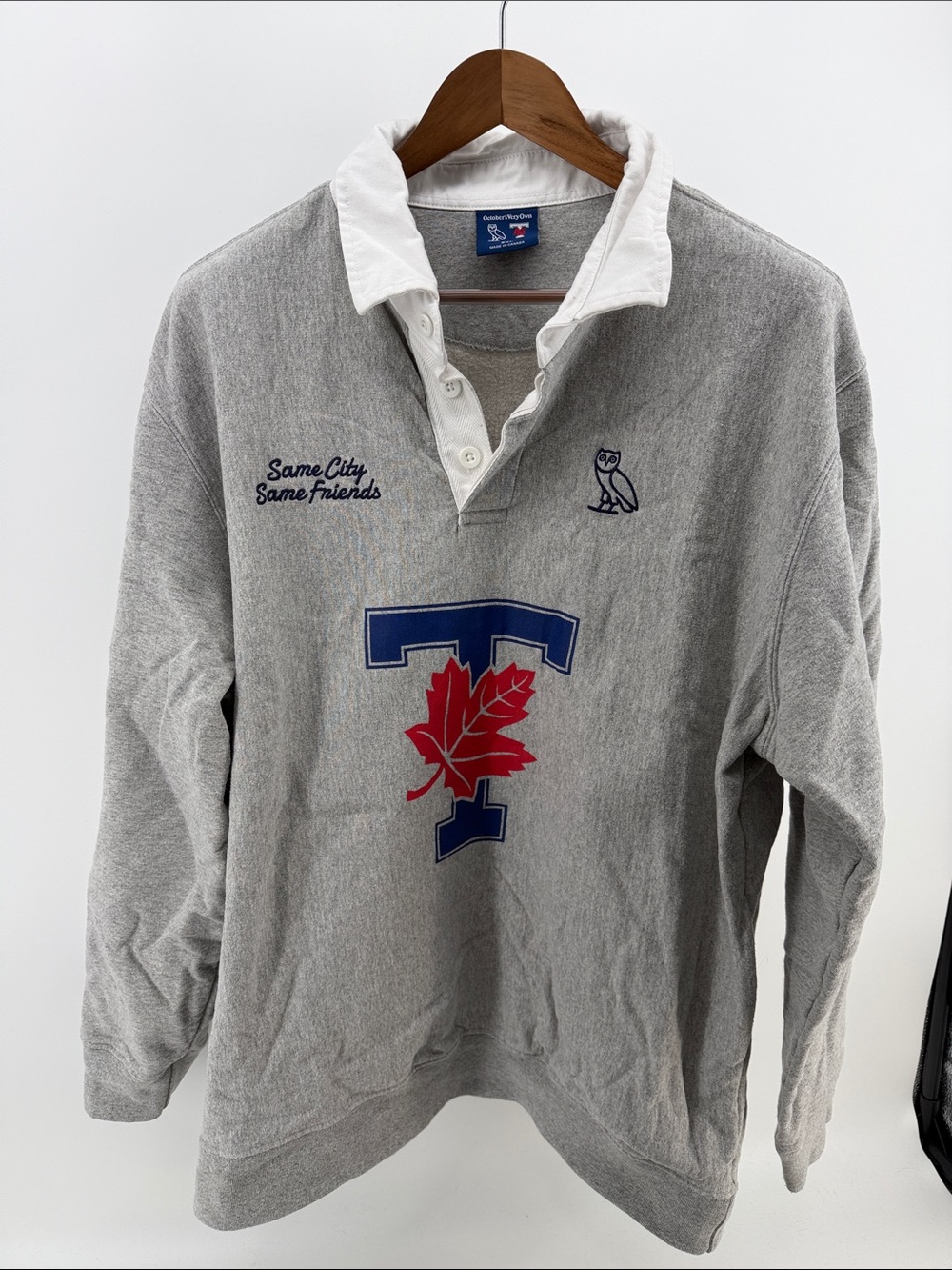 OVO Grey Rugby Pullover with White Collar and Red Maple Graphic